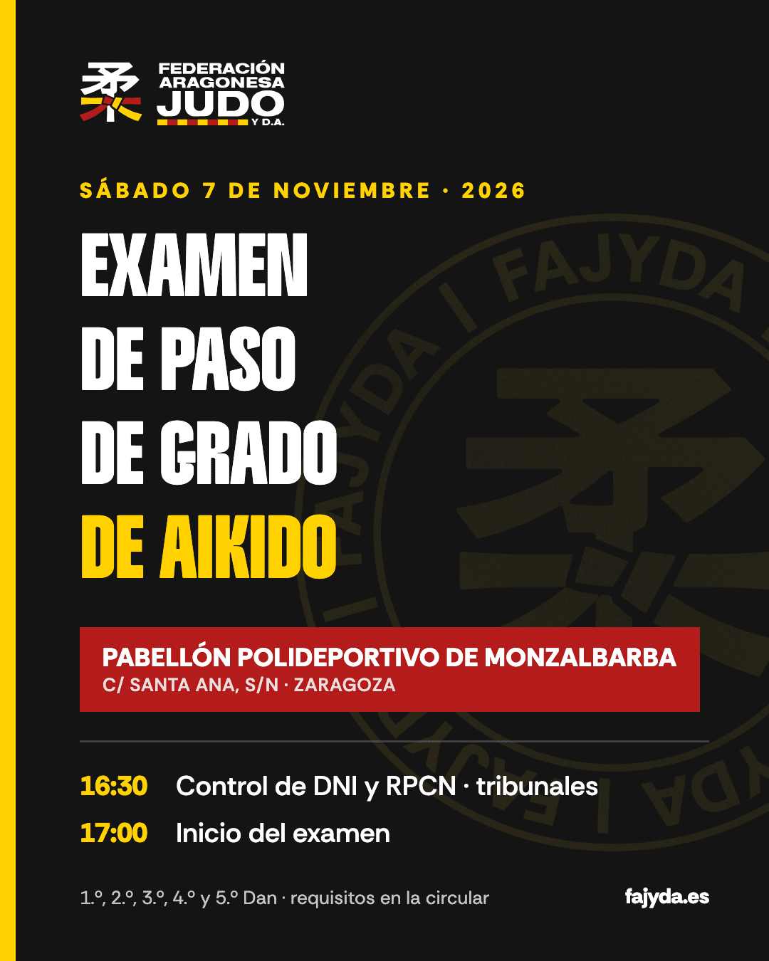 Cartel del examen de paso de grado de Aikido: sábado 7 de noviembre, Pabellón Polideportivo de Monzalbarba